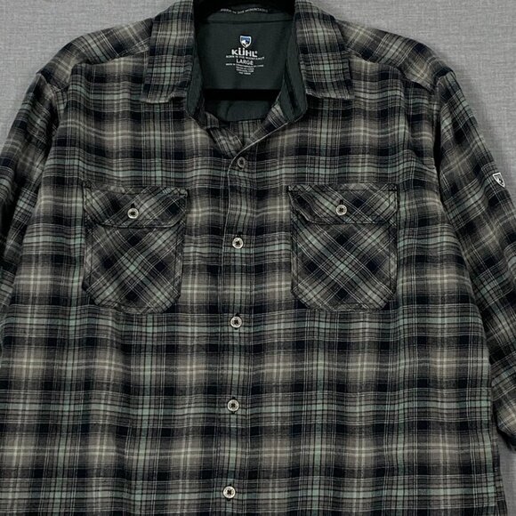 Kuhl Flannel Plaid Shirt Sz Large Black Brown Cotton Tencel Blend - Picture 2 of 10